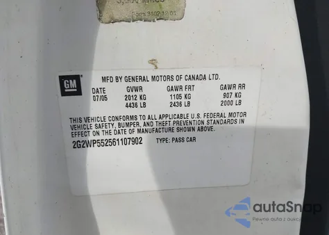 2006 Pontiac Grand Prix z USA, uszkodzony, nr VIN 2G2WP552561107902